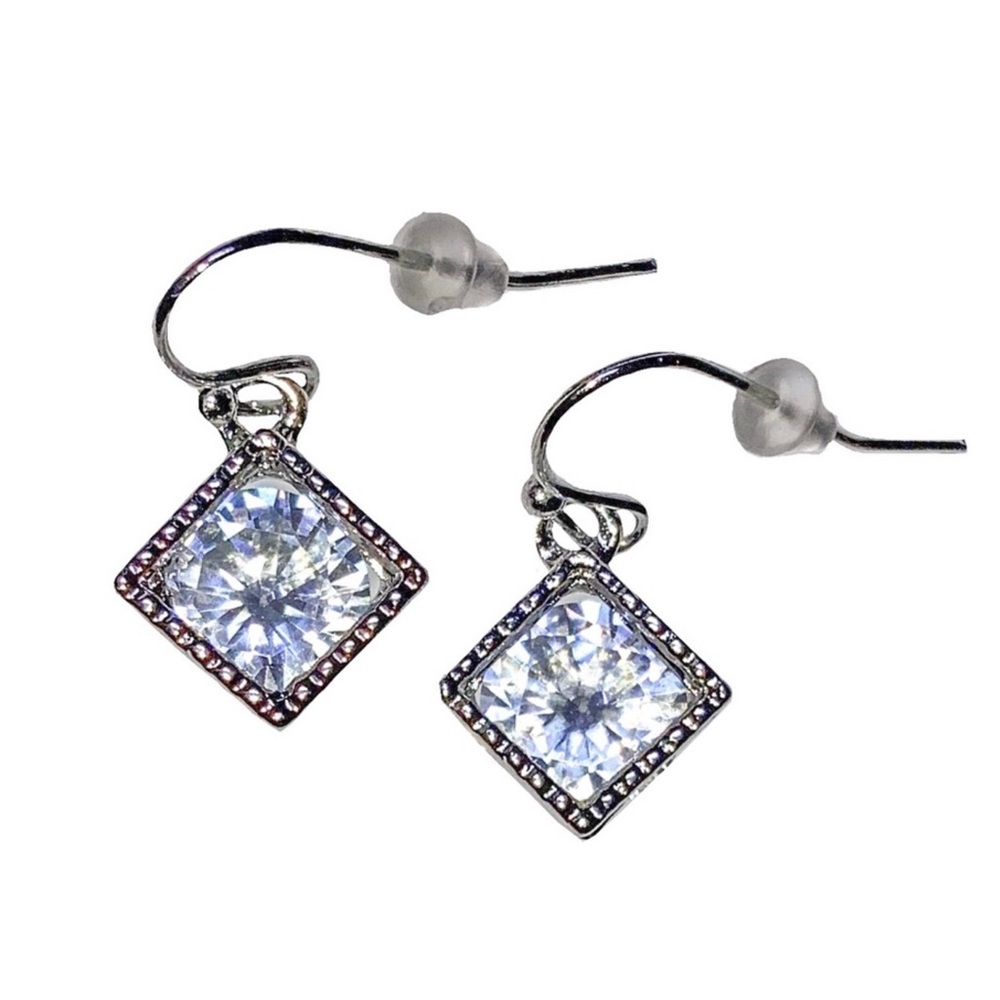 Silver Tone Dangle Square CZ Earrings